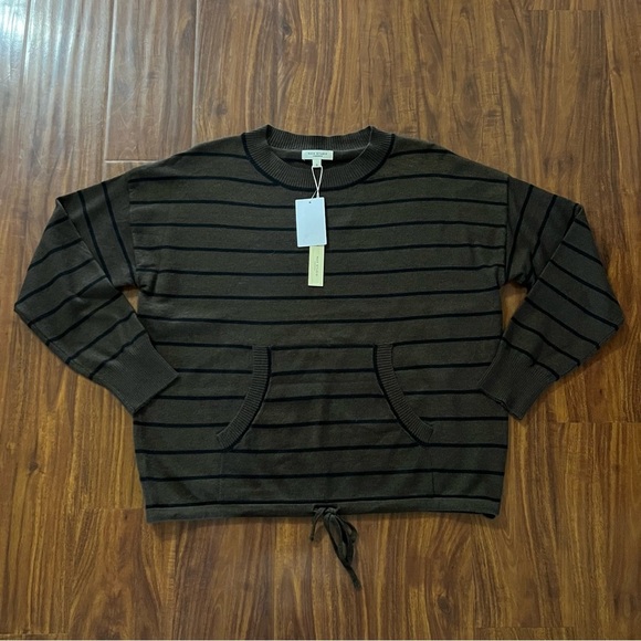 NWT Max Studio Drawstring Hem Pullover Sweater Olive Green Black Striped Small - Picture 2 of 8